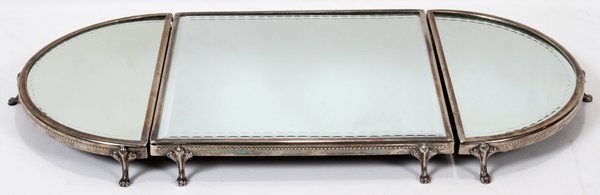 SILVER PLATE THREE SECTION PLATEAU MIRROR: SILVER PLATE THREE SECTION PLATEAU MIRROR, L 25", D 12":