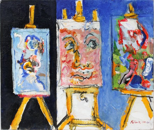 REGINALD POLLACK,OIL ON CANVAS ON WOOD PANEL: REGINALD POLLACK (US 1924-2001), OIL ON CANVAS ON WOOD PANEL, 1997-98, 19" X 23", "THE KING":Signed and dated lower right; signed, titled and dated on verso; unframed. Impasto style.