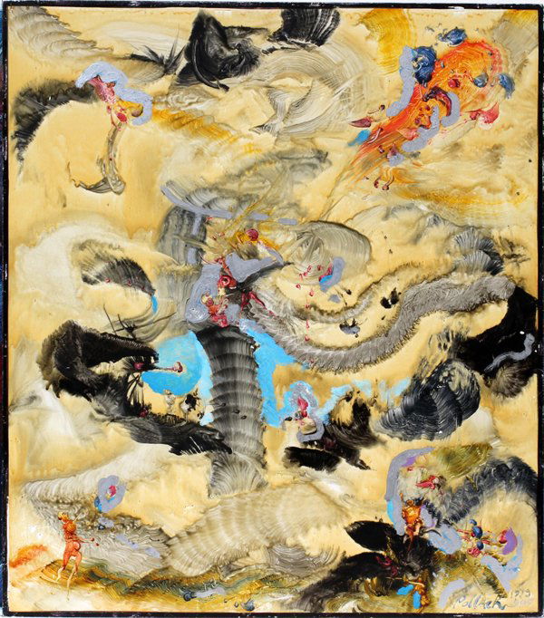 REGINALD POLLACK (US), OIL ON MASONITE,: REGINALD POLLACK (US 1924-2001), OIL ON MASONITE, 1979, 24" X 20", "ORPHEUS & EURYDICE IN HEAVEN":Signed and dated 2000 lower right; signed, titled and dated 12/79 on verso; #4807; unframed.