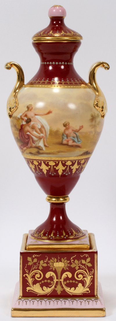 ROYAL VIENNA STYLE PORCELAIN COVERED URN,: ROYAL VIENNA STYLE PORCELAIN COVERED URN, C. 1900, SIGNED K. BECK, H 10 1/2", W 3":Transfer decorated piece is signed "K. Beck". Beehive mark at the underside along with "Venus im Bade" and "Im Olymph