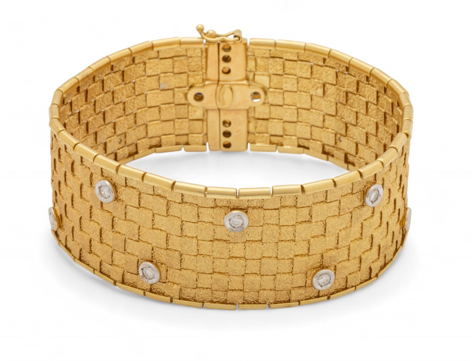 Italian 18k Yellow Woven Gold, Diamond & Sapphire Cuff Bracelet, W 0.75" L 7" 33g (1 of 5)
