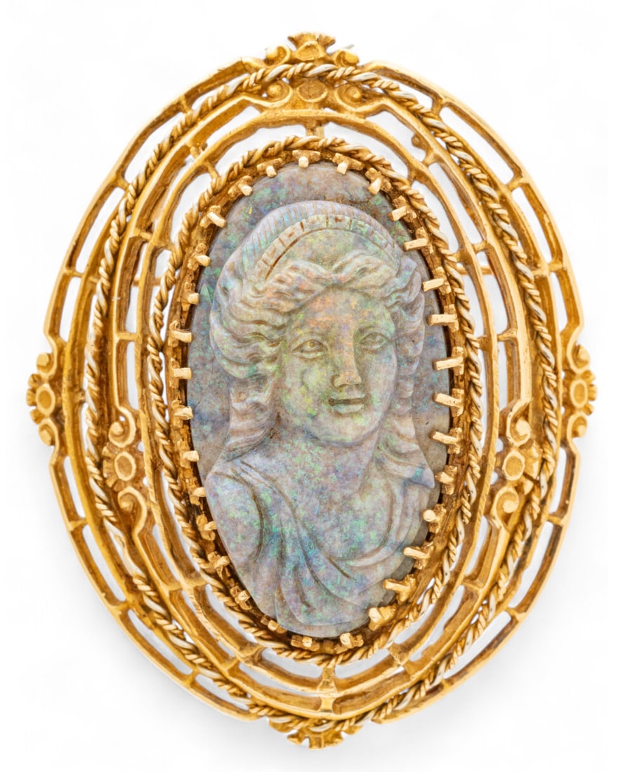 14K Gold And Carved Opal Pendant-Brooch Cameo, Ca. 1900, H 2.1" W 1.6" 26g (1 of 6)