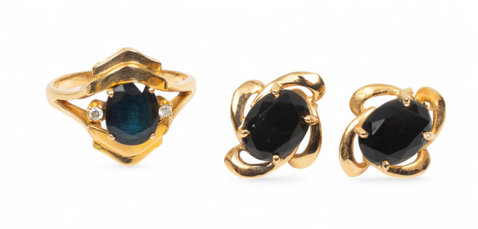 18K Yellow Gold, Black Garnet, And Diamond Ladies Ring, And Matching Earrings, Size: 5, 7g 3 pcs (1 of 12)