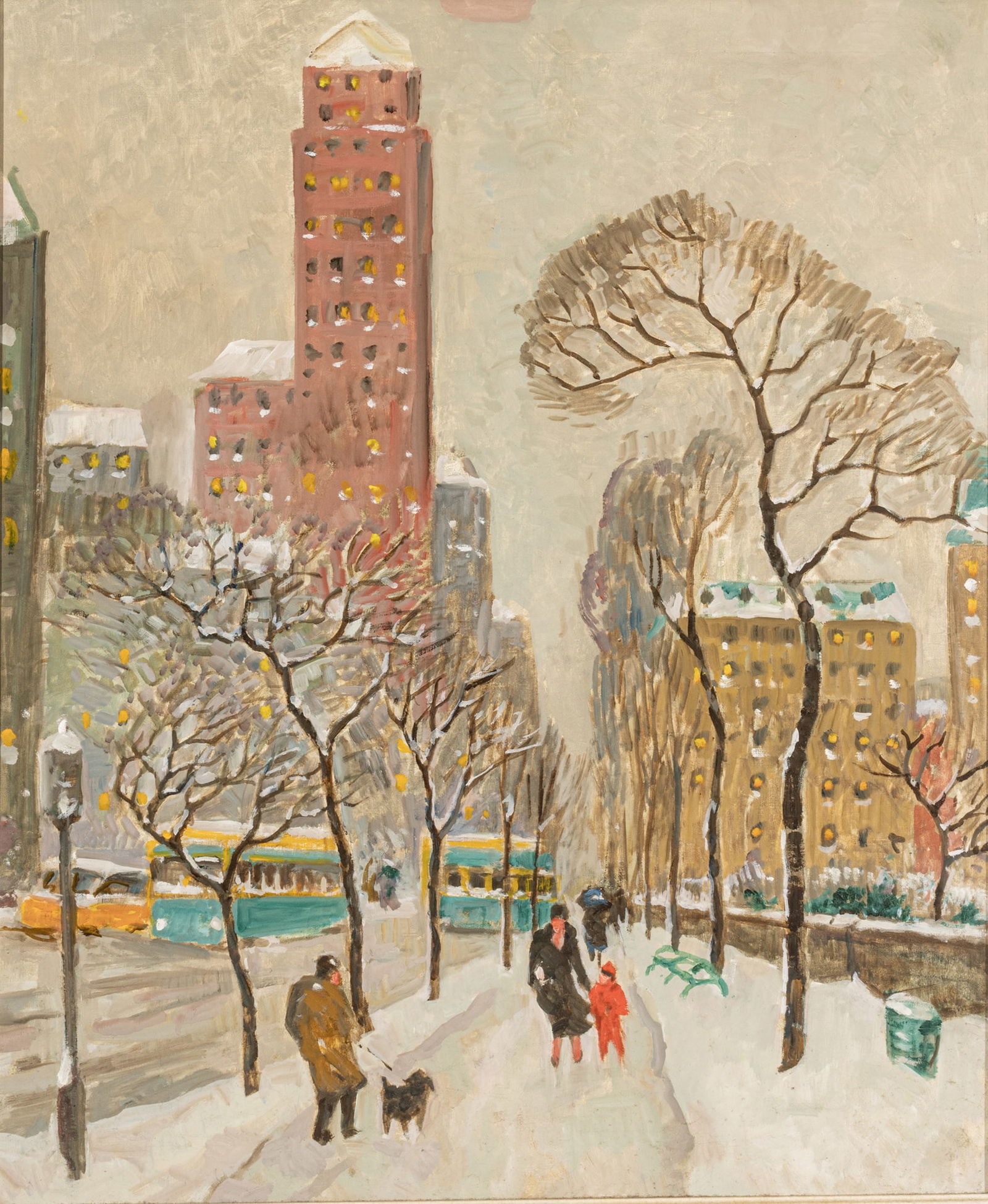 Guy Carleton Wiggins (American, 1883-1962) Oil on Canvas 5th Avenue, Winter H 30" W 25": Guy Carleton Wiggins (American, 1883-1962) Oil on Canvas 5th Avenue, Winter H 30" W 25" | Depicting figures walking in the snow along 5th Avenue and Central Park. Dedicated, signed, and dated verso. T