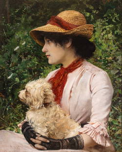 Charles Sprague Pearce (American, 1851-1914) Oil on Canvas, Ca. 1880s, "In the Garden", H 22" W 18": Charles Sprague Pearce (American, 1851-1914) Oil on Canvas, Ca. 1880s, "In the Garden", H 22" W 18" | Signed lower left, and Paris. Depicting a beautiful Victorian woman seated in a garden with her sm