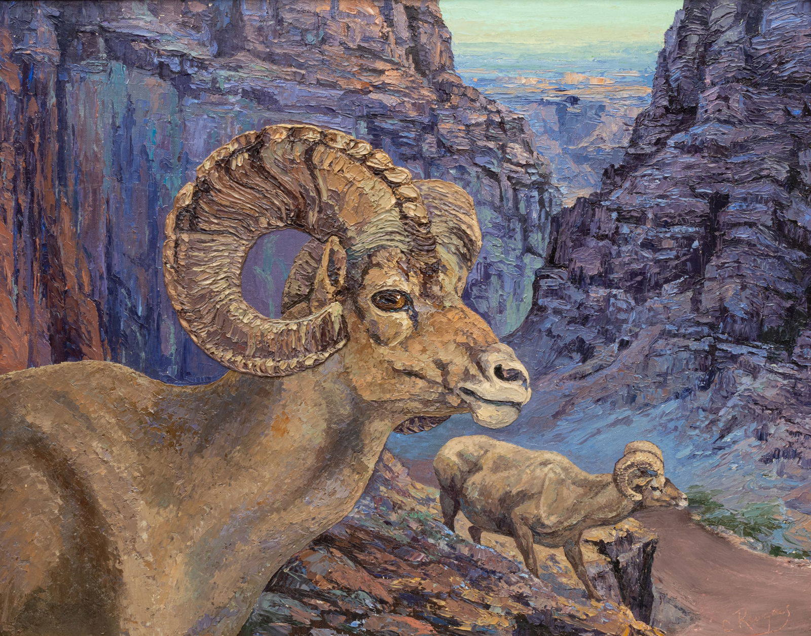 American School Oil on Academy Board, "Desert Bighorn Sheep", H 16" W 20" (1 of 10)
