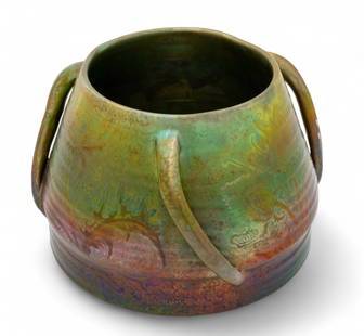 Pierre Clément Massier (French, 1844-1917) Lustre Glaze Earthenware Vase, Ca. 1900, H 9.5" Dia.: Pierre Clément Massier (French, 1844-1917) Lustre Glaze Earthenware Vase, Ca. 1900, H 9.5" Dia. 13" | with Scottish thistles rendered in the signature metallic lustre glaze. Having a drainage hol