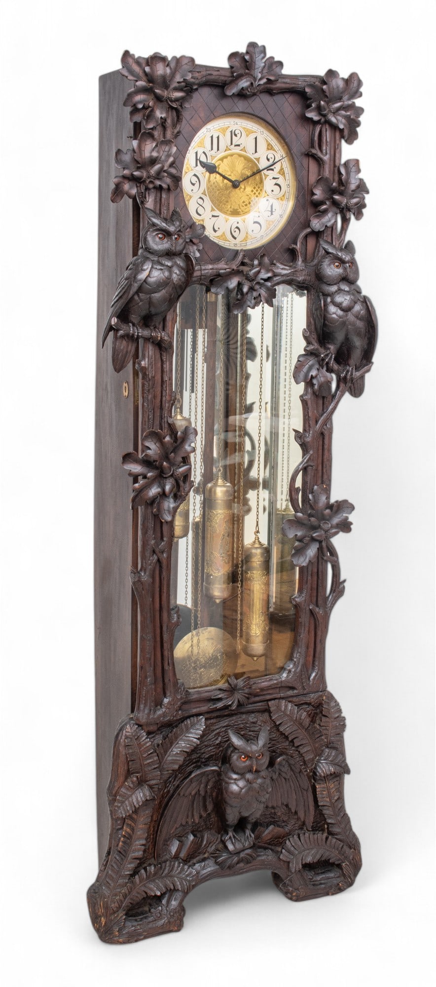 German Black Forest Wood Grandfather Clock, Horned Owl & Oak Leaves, Ca. 1930, H 77" W 25.5" Depth (1 of 16)