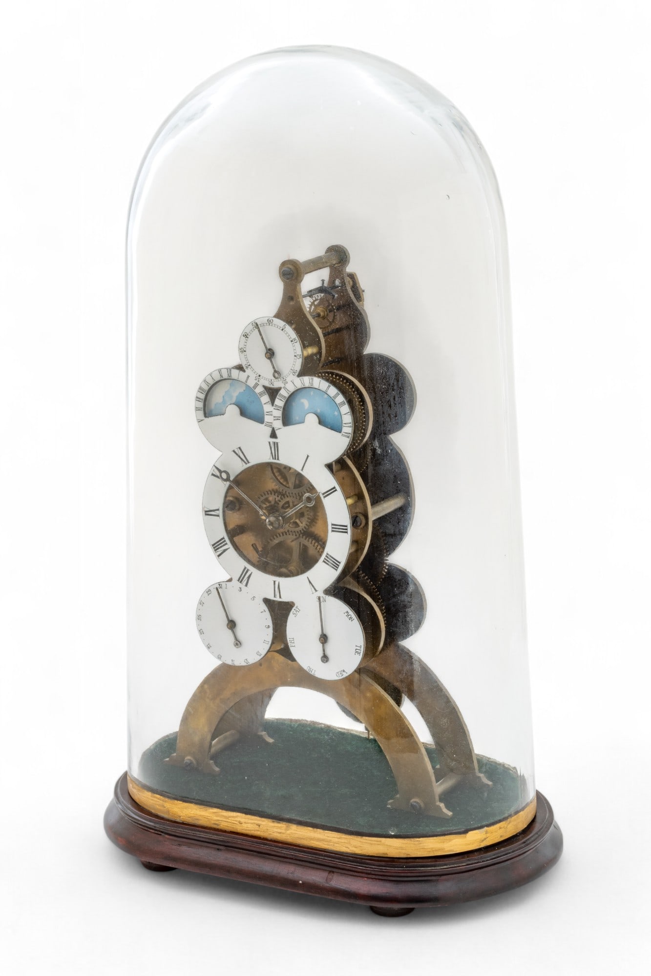 French Style Bronze Porcelain Remontoir Gear Mechanical Swing Clock, Glass Cloche Dome, 19th C., H (1 of 9)