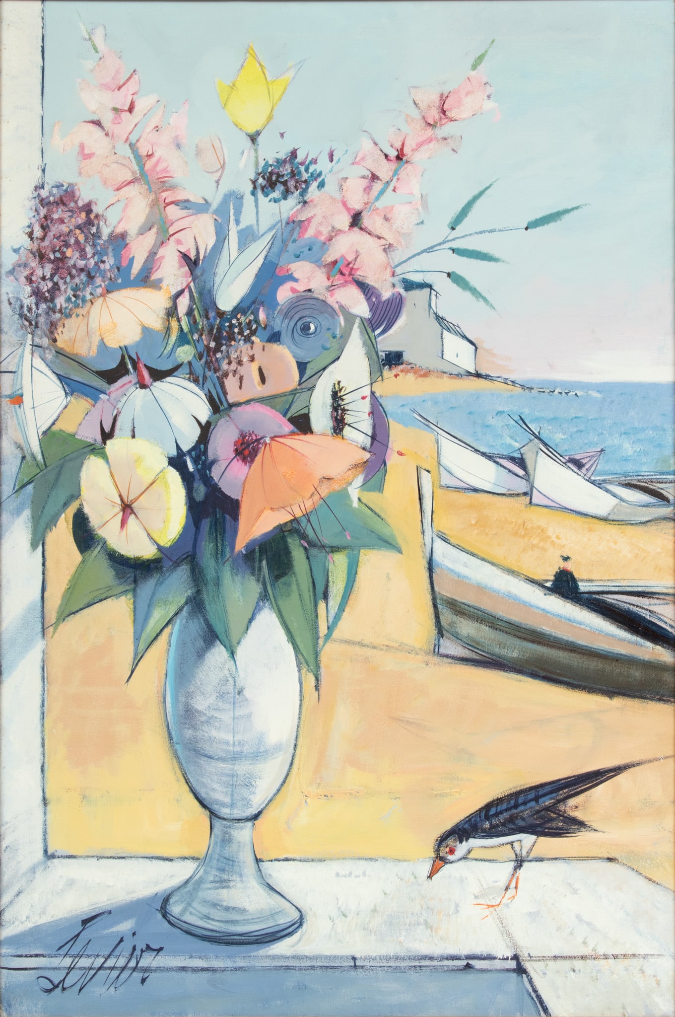Charles Levier (French, 1920-2003) Oil on Canvas "Floral Still Life", H 36" W 24": Charles Levier (French, 1920-2003) Oil on Canvas "Floral Still Life", H 36" W 24" | Floral Still Life in Window to the Beach, signed lower left and framed H. 45.5" W. 33.25"