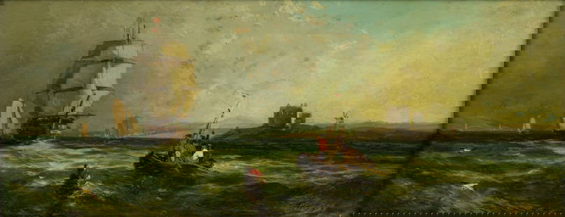 William M. Hart (American, 1823-1894) Oil on Canvas "Ships Off a Coastal Seaport", H 6.26" W 15": William M. Hart (American, 1823-1894) Oil on Canvas "Ships Off a Coastal Seaport", H 6.26" W 15" | Signed lower left. Label on verso from James J. Kelleher Gallery, NY. Provenance: Herbert De Pape, We