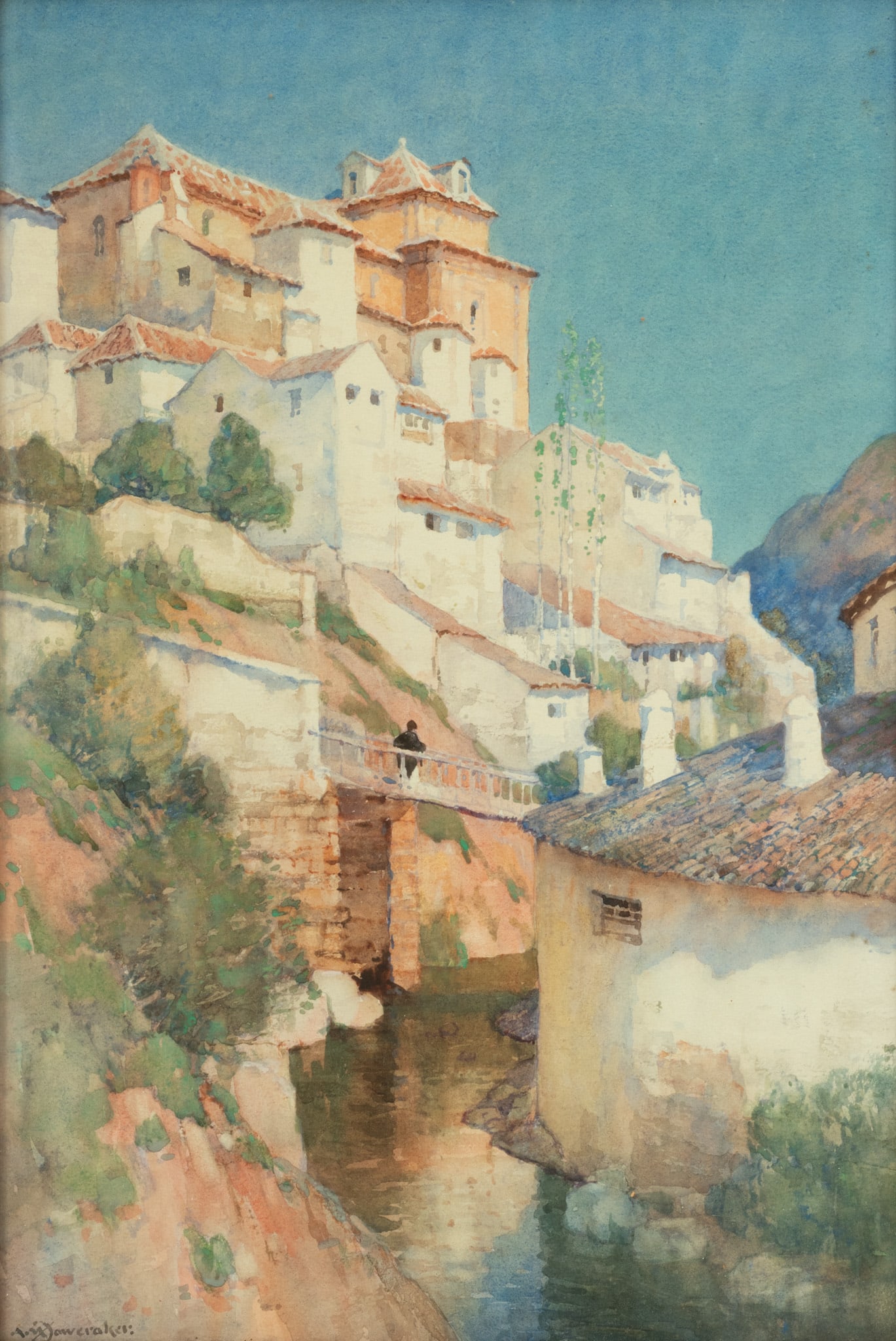 A. M. Foweraker, R.B.A. (British, 1873-1942) Watercolor "Cuenca Spain on River", H 21" W 13": A. M. Foweraker, R.B.A. (British, 1873-1942) Watercolor "Cuenca Spain on River", H 21" W 13" | Albert Moulton Foweraker. Signed lower left. Wood frame 27" X 20". R. B. A. (Royal Society of British Art