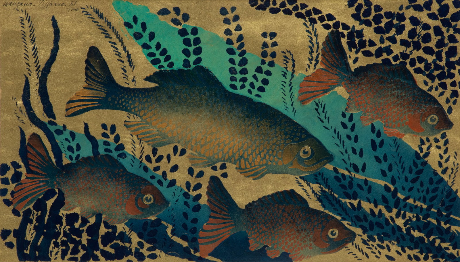 Georges Henri Manzana Pissarro (French, 1871-1961) Color Pochoir Ca. 1920, "Poissons Chinois", H: Georges Henri Manzana Pissarro (French, 1871-1961) Color Pochoir Ca. 1920, "Poissons Chinois", H 9.5" W 16.5" | Signed upper right and numbered 81/100. Gold leaf stencil with silver highlights. Manzan