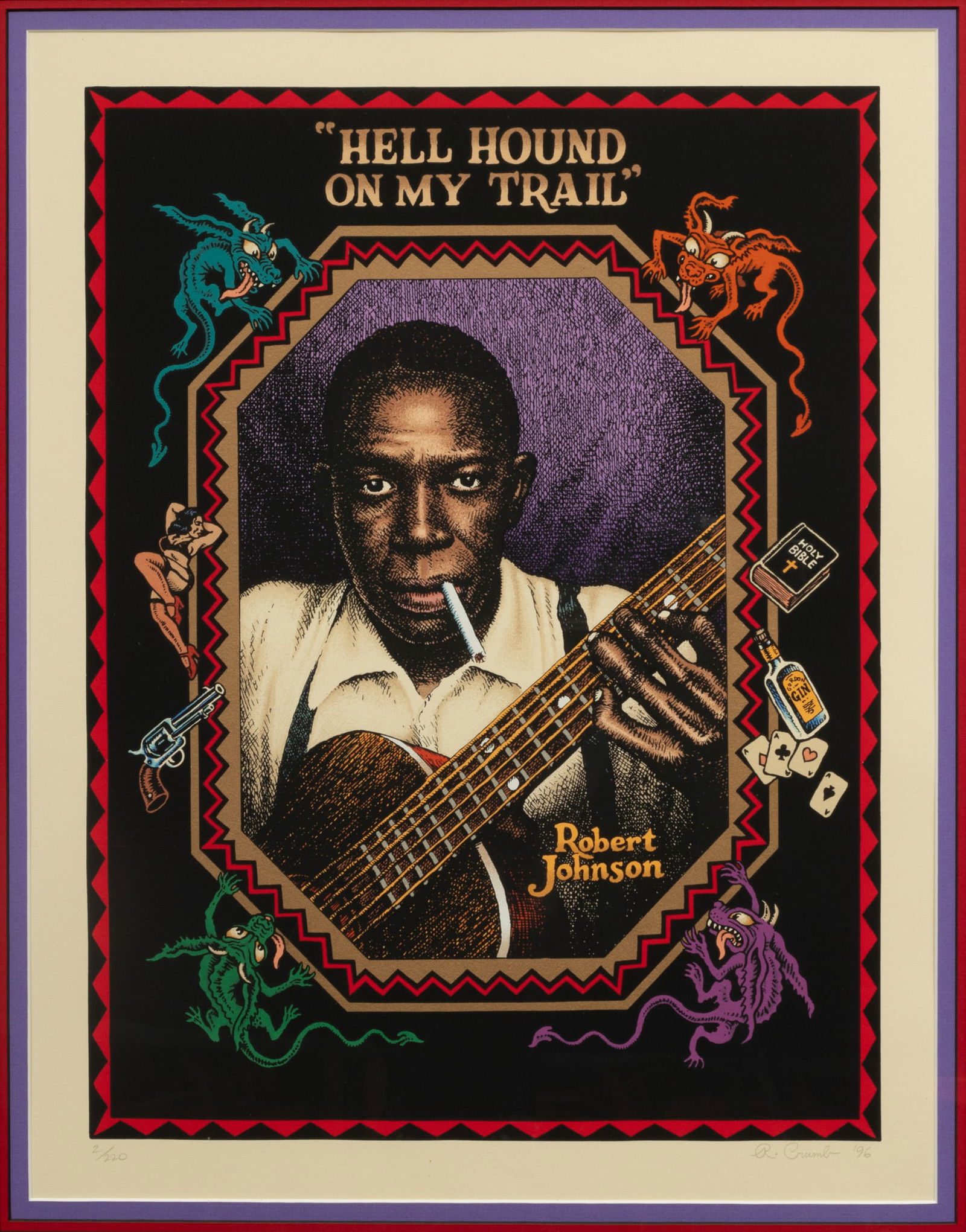 Robert Crumb (American, B. 1943) Silkscreen on Smooth Cream Paper Ca. 1996, Robert Johnson 'Hell: Robert Crumb (American, B. 1943) Silkscreen on Smooth Cream Paper Ca. 1996, Robert Johnson 'Hell Hound on My Trail', H 18.5" W 14" | Pencil signed and dated lower right. Numbered 2/220 lower left. Mat
