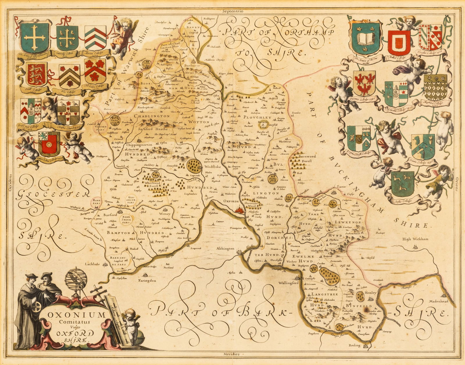 Johannes (Janssonius) Jansson (German, 1596-1666) Hand Colored Map Ca. 1646, "Oxfordshire County: Johannes (Janssonius) Jansson (German, 1596-1666) Hand Colored Map Ca. 1646, "Oxfordshire County England", H 15" W 19.25" | a finely engraved 17th century map of Oxfordshire displaying the various coa