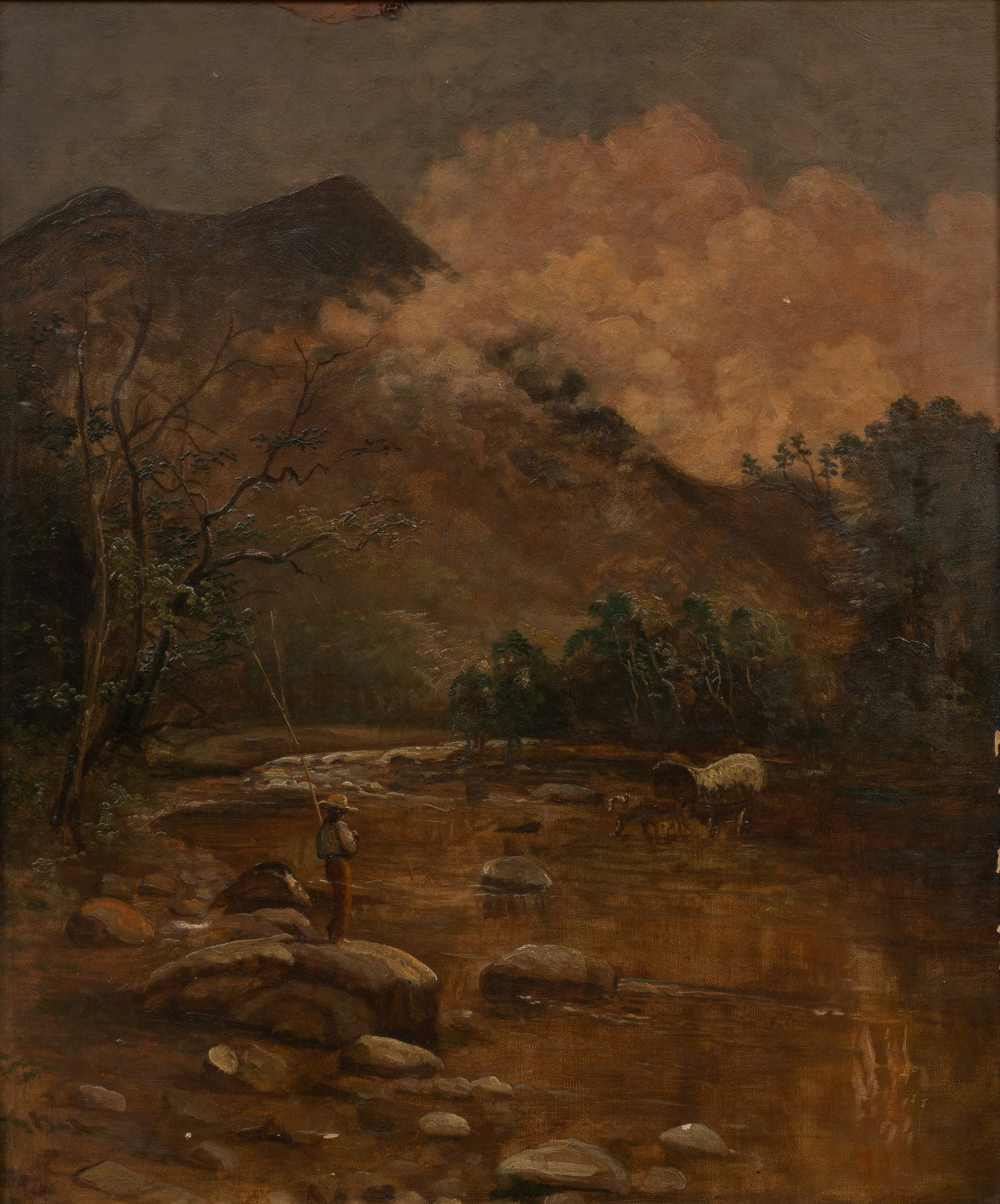 Hudson River School Oil on Canvas Ca. 1860, "Fisherman in Landscape", H 24" W 20": Hudson River School Oil on Canvas Ca. 1860, "Fisherman in Landscape", H 24" W 20" | Covered wagon in background. Appears to be signed lower left. Gilt gesso frame 33" X 29".