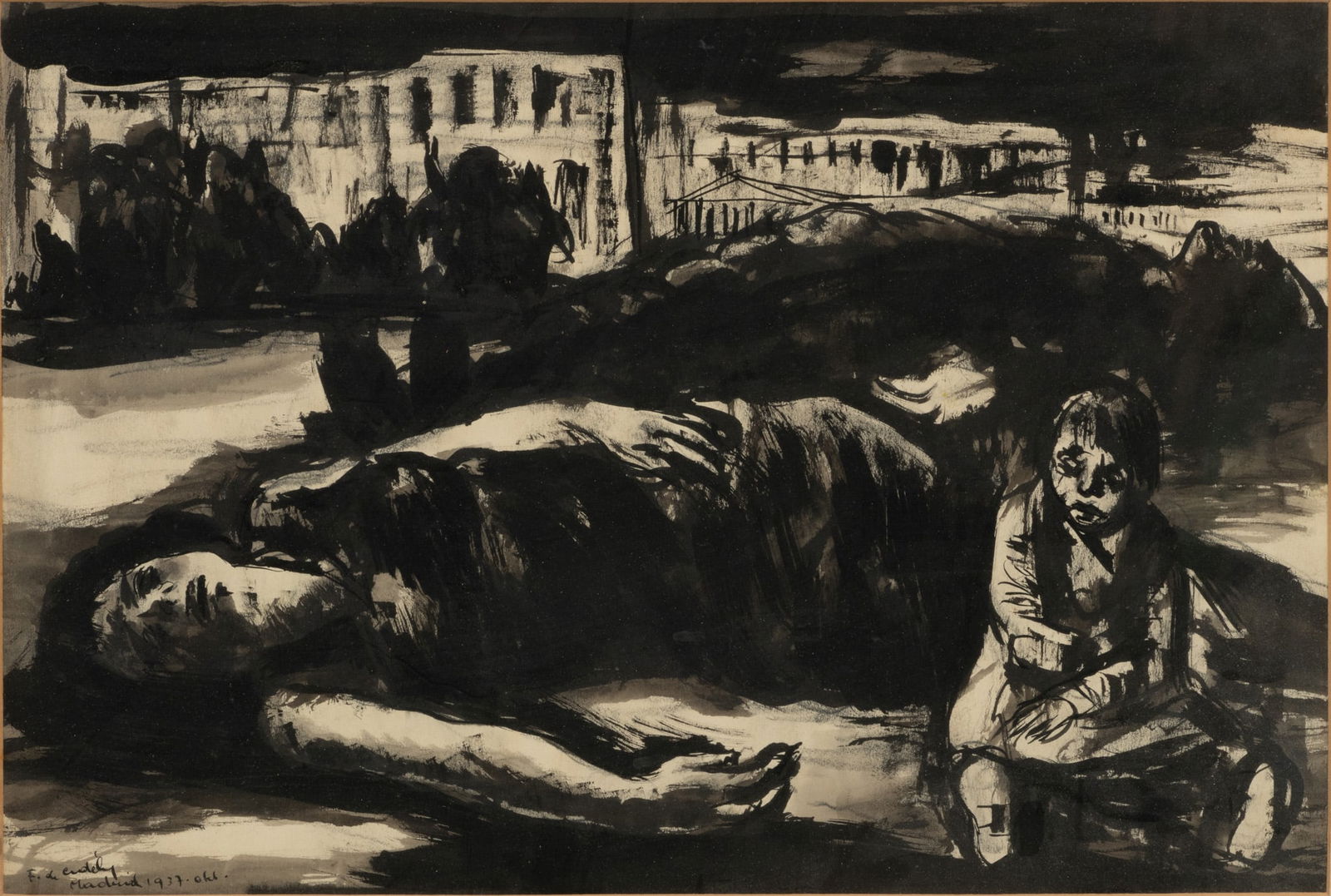 Francis De Erdely (California/Hungary, 1904-1959) Ca. 1937, "Madrid", H 13" W 20": Francis De Erdely (California/Hungary, 1904-1959) Ca. 1937, "Madrid", H 13" W 20" | Spanish civil war, mother and child. Visible Image H. 13" X W. 20" , Signed lower left "F. De Erdely" and "Madrid 19