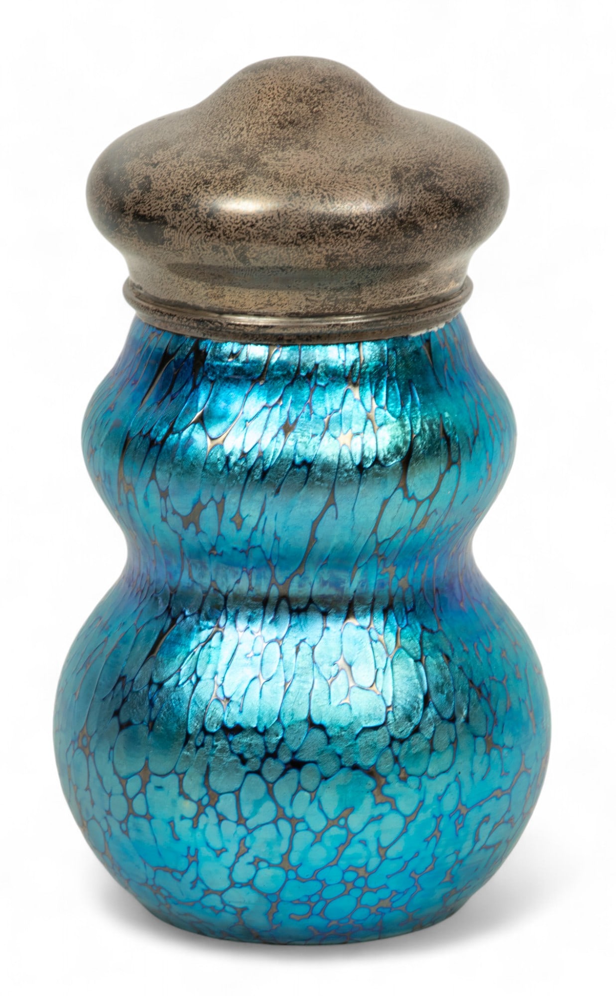 Loetz (Austrian) Rubin Papillon Sterling Silver Covered Cannister, 1898, H 5.25" Dia. 3": Loetz (Austrian) Rubin Papillon Sterling Silver Covered Cannister, 1898, H 5.25" Dia. 3" | the jar offers 'rubin' or ruby color glass with a marver of silvery-yellow 'oil spot' granules. the sterling