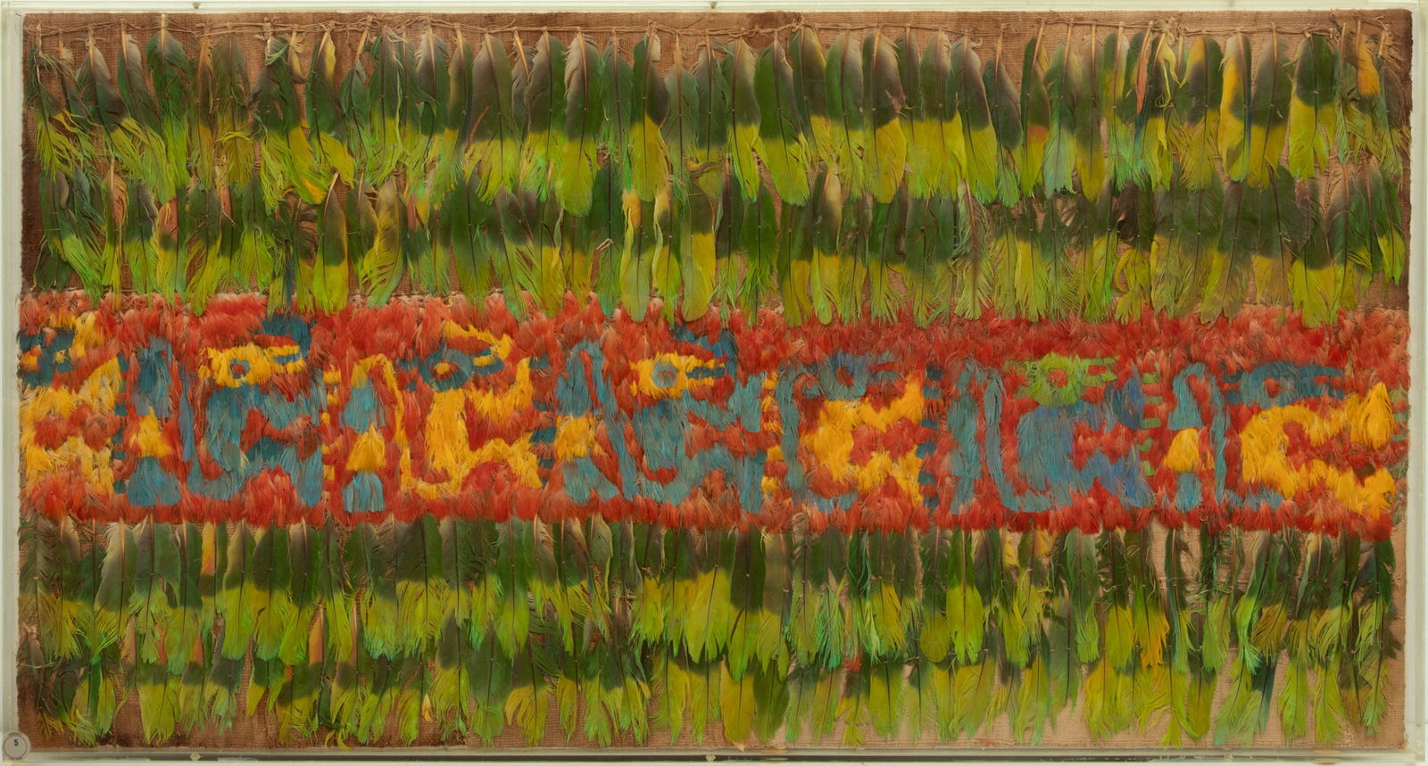 South Coast, Pre-Columbian Birds of Paradise Feathers Mounted on Fabric Panel, Ca. 300-600 AD, H 22" (1 of 4)