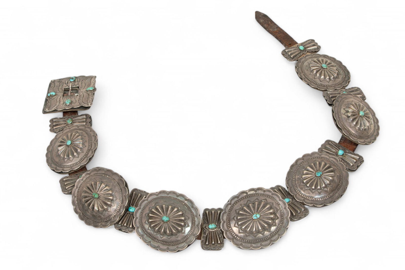 Native American Silver & Turquoise Concho Belt, Signed 'JP', W 3" L 39" (1 of 2)