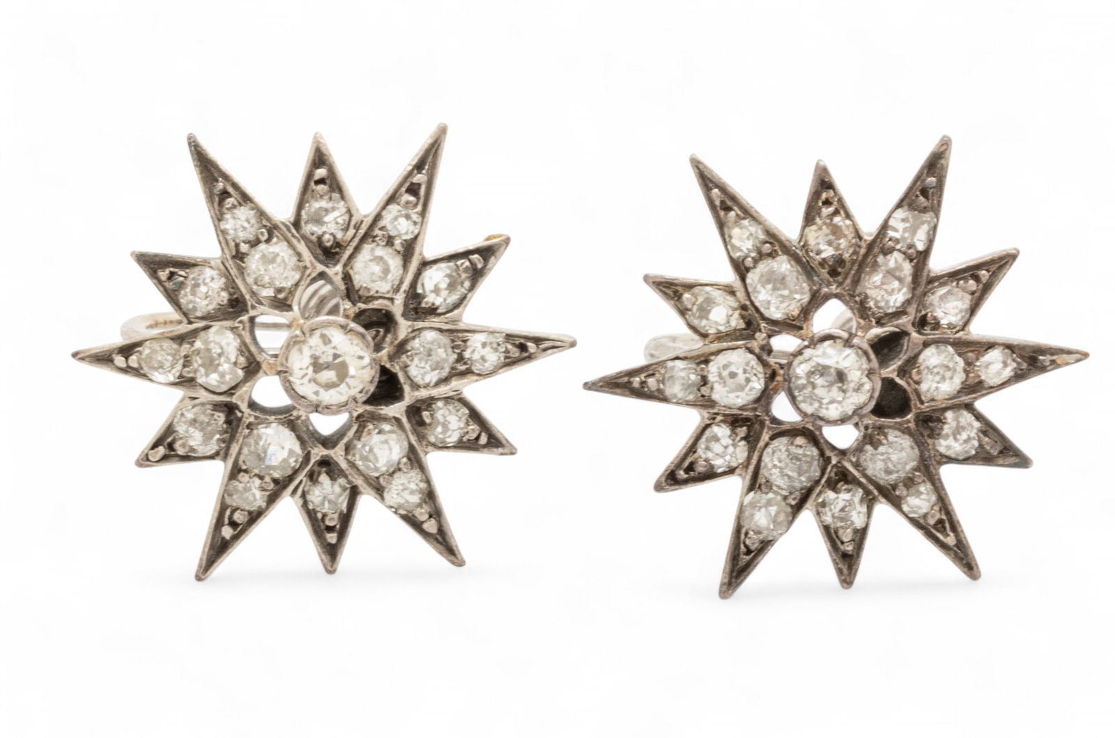 Diamond And White Gold Earrings, 12-Point Star Form, Ca. 1930, 5g 1 Pair (1 of 5)