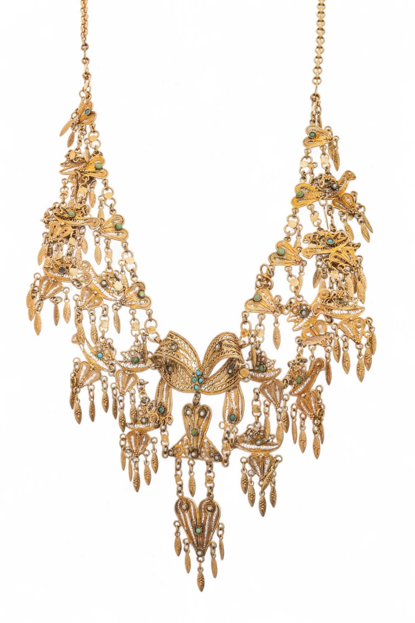 Silver Filigree Vermeil Necklace, Turquoise Beads, Ca. 1920, L 24" 78.6g: Silver Filigree Vermeil Necklace, Turquoise Beads, Ca. 1920, L 24" 78.6g | Stamped A0I 925. Elaborate workmanship. Motif of hearts and birds. Provenance: Property from a Bloomfield Hills, MI private c