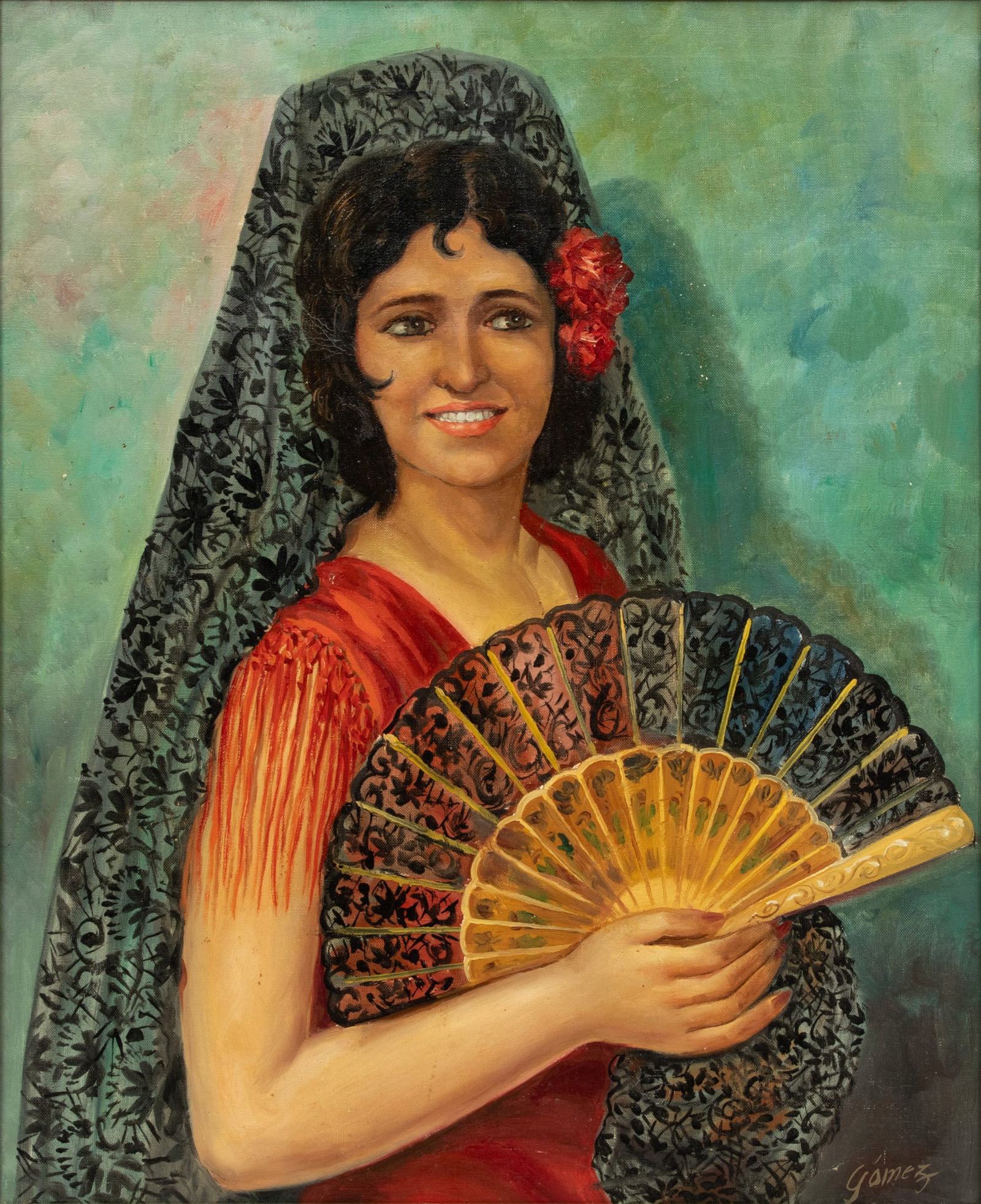 Signed Gomez, Oil on Canvas, 20th C., Portrait of a Spanish Lady, H 28" W 23": Signed Gomez, Oil on Canvas, 20th C., Portrait of a Spanish Lady, H 28" W 23" | Signed lower right. Smiling Spanish lady wearing mantilla holding a fan. Having a painted wood frame, H 32.5", W 28". Pr