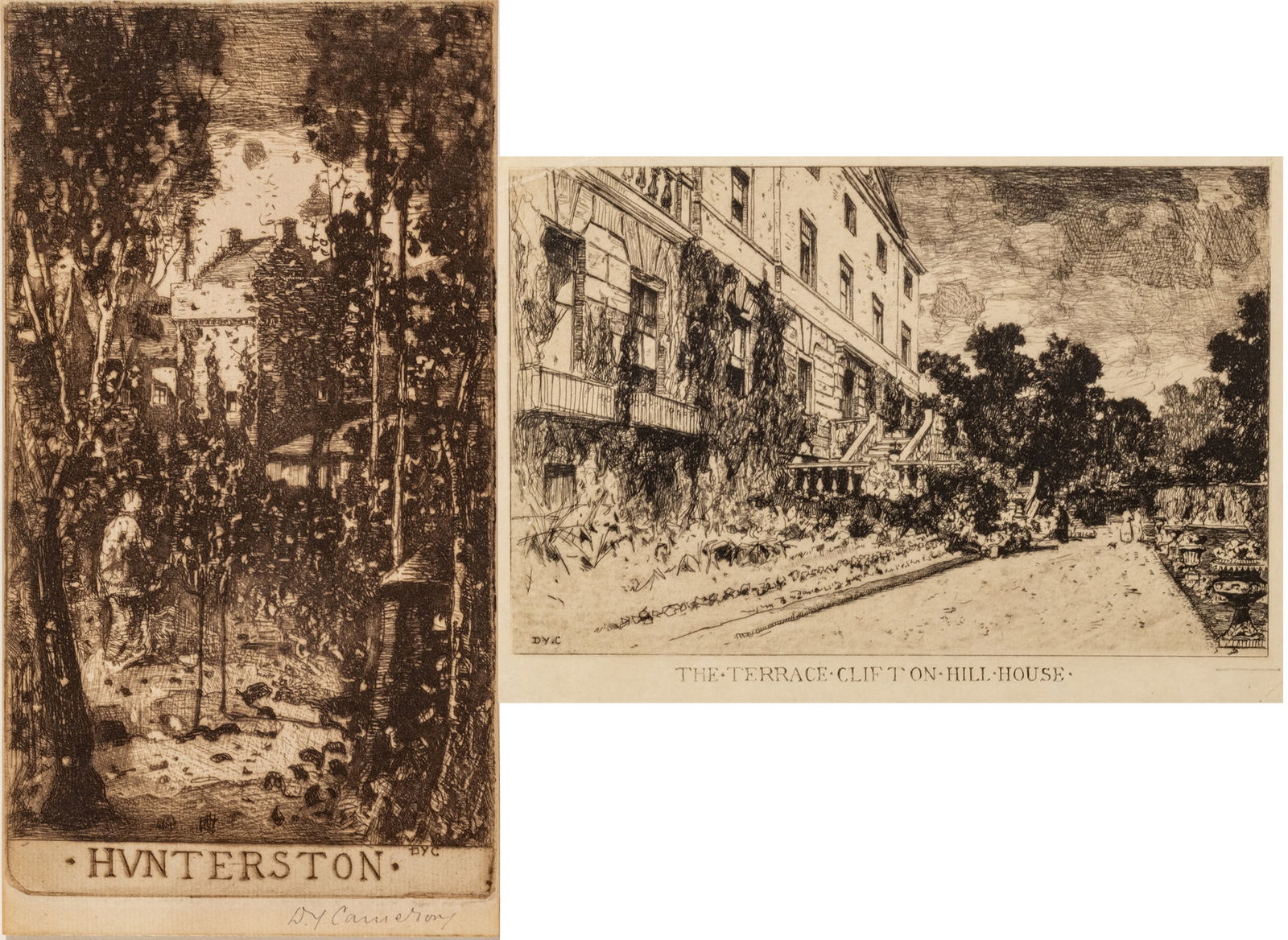 David Young Cameron (Scottish, 1865-1945) Etching on Paper, "Hvnterston", H 5.8" W 3.1": David Young Cameron (Scottish, 1865-1945) Etching on Paper, "Hvnterston", H 5.8" W 3.1" | Signed D Y Cameron lower right. Accompanied by an unsigned work the Terrace Clift on Hill House. Both works ar
