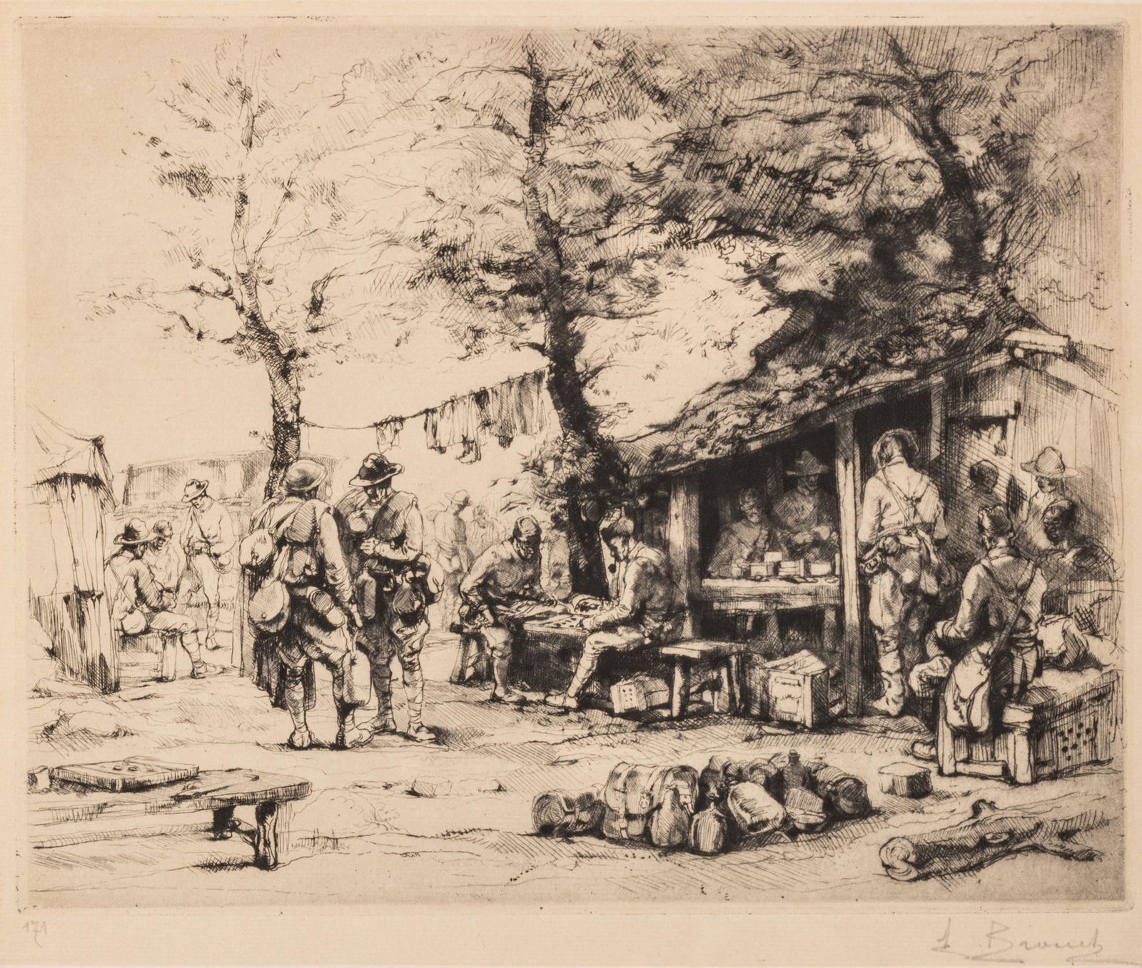 Auguste Brouet (French, 1872-1941) Etching on Laid Paper, Ca. 1918, "Camp American", H 9.25" W 11.5" (1 of 7)