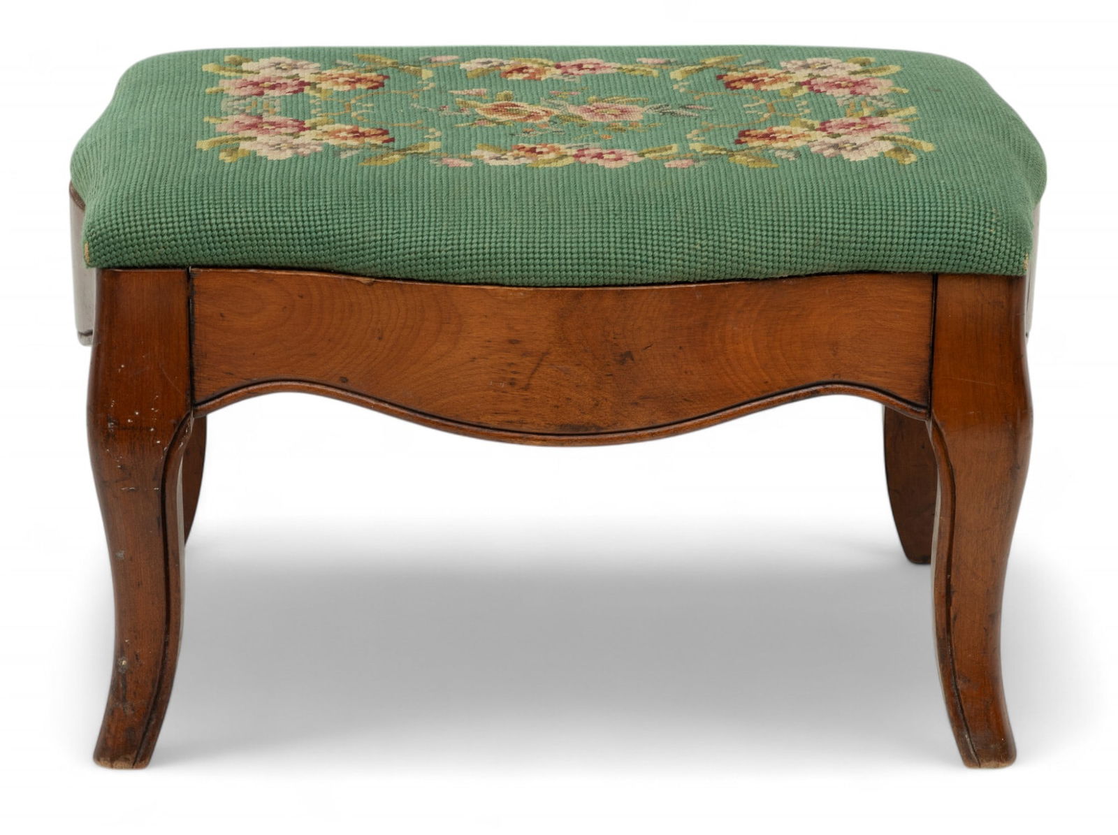 Carved Cherry Wood with Needlepoint Footstool, Ca. 1950, H 10" W 11" L 15" (1 of 3)