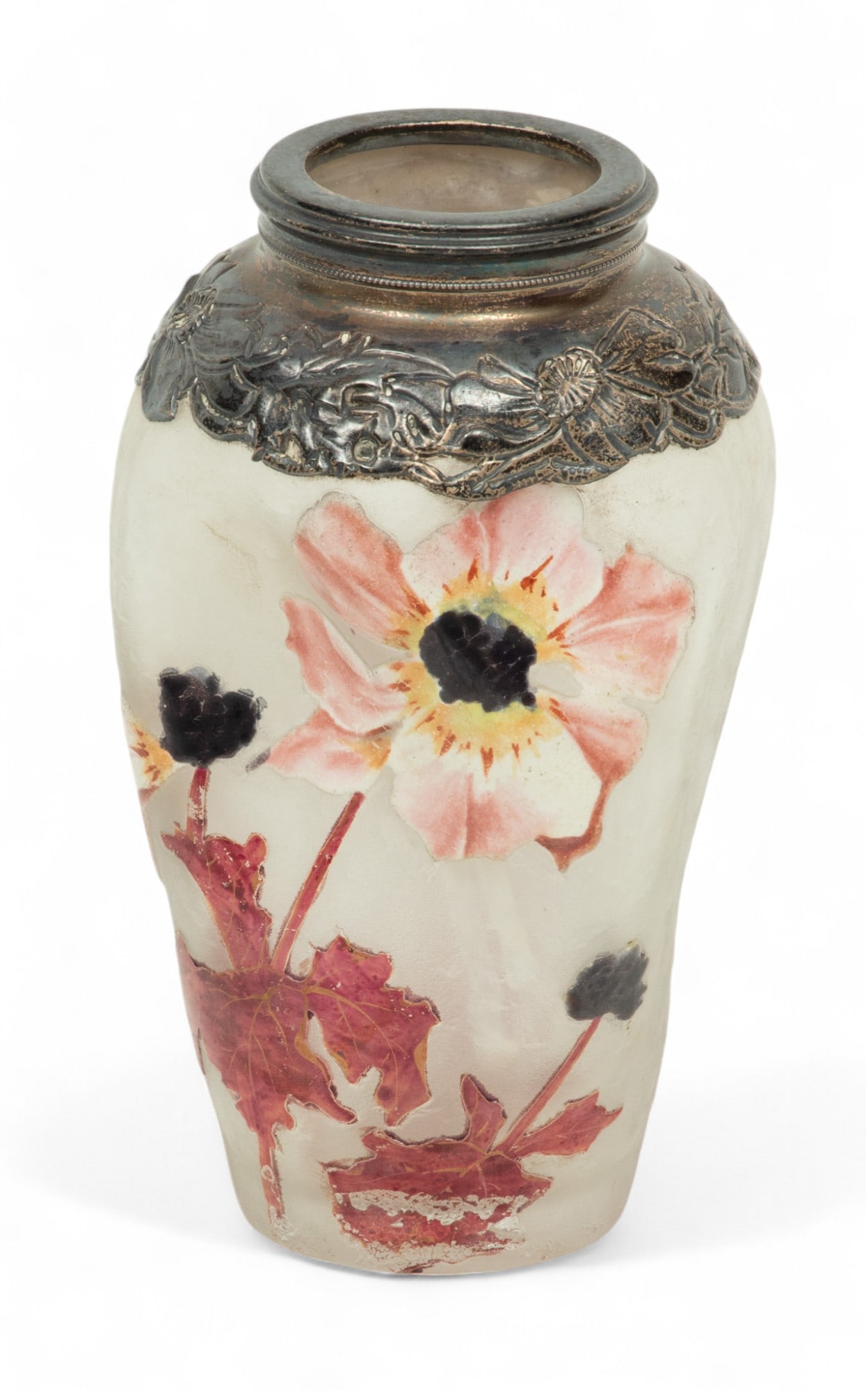 Perthuis a Paris (French) Sterling Silver Mounted Floral Enameled Glass Bud Vase, Anemone Flowers, H (1 of 6)