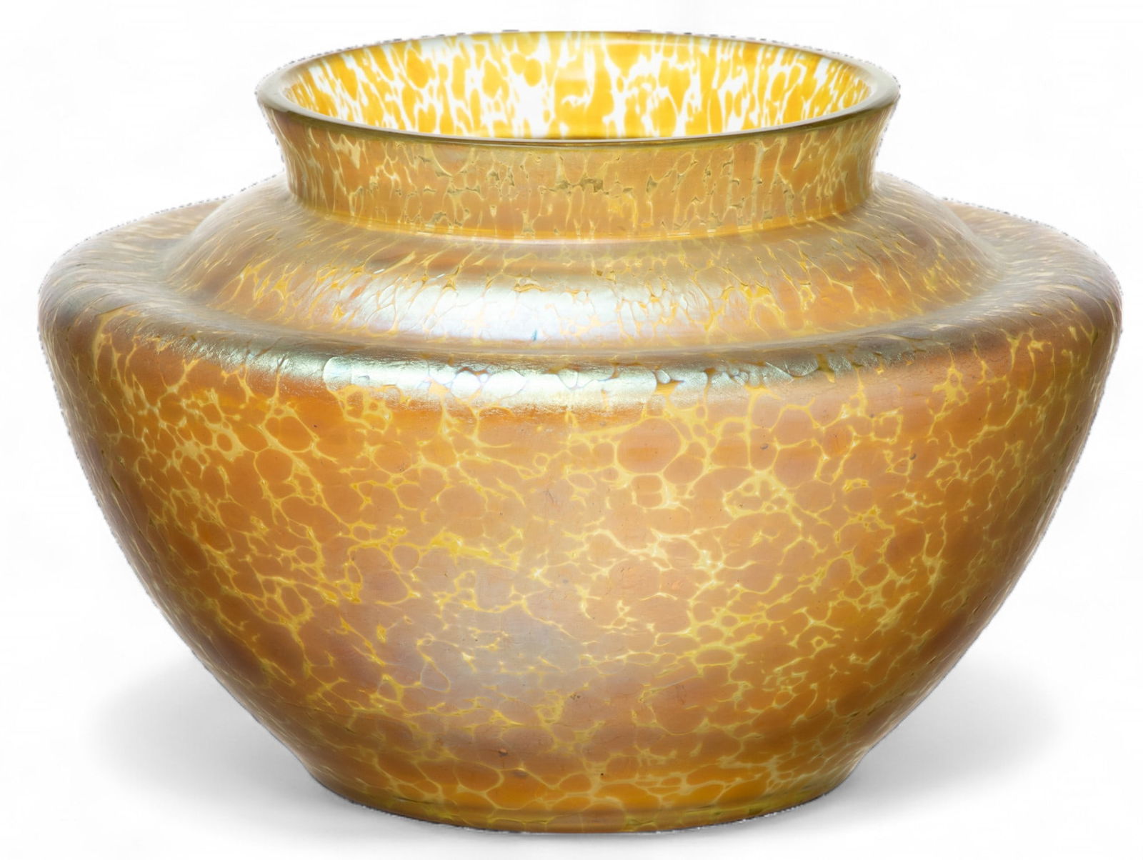 Loetz (Austrian) Papillon Candia Glass Vase, 1898, H 5" Dia. 7.5": Loetz (Austrian) Papillon Candia Glass Vase, 1898, H 5" Dia. 7.5" | the canida glass base offers a marver of silver-yellow 'oil spot' granules. the vase offers a flared lip, flat rounded shoulders, an