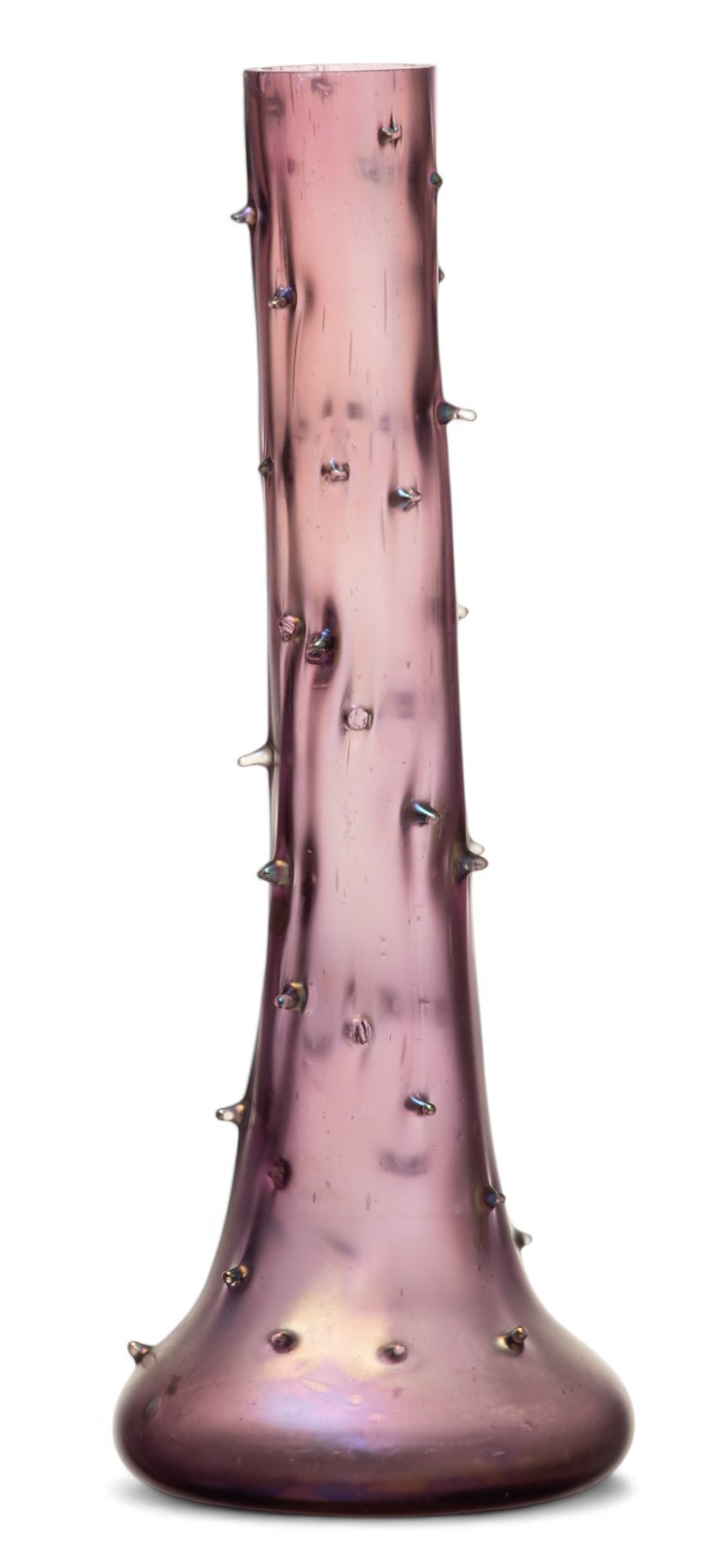 Loetz (Austrian) Astartig Metallic-Violet Glass with Silberiris Vase, 1904, H 8.25" Dia. 3": Loetz (Austrian) Astartig Metallic-Violet Glass with Silberiris Vase, 1904, H 8.25" Dia. 3" | the metallic-violet glass offers pointed projections pinched from the surface. Unsigned. Loetz produced As