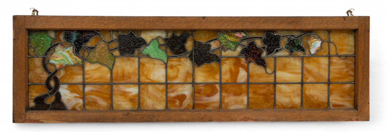 Leaded Stained Glass 'Grape Arbor' Window, Oak Frame, H 15.5" W 51.5" (1 of 2)