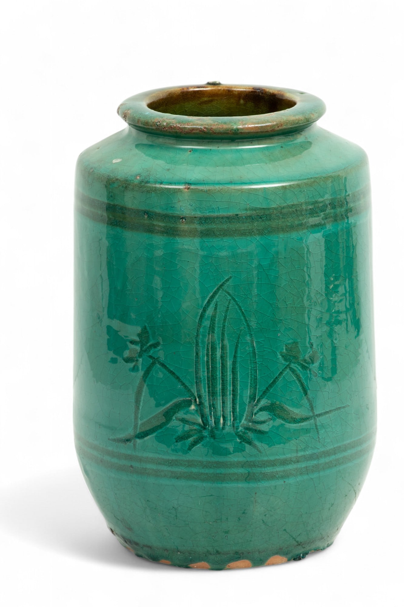 Thai, Green Glaze Stoneware Vase, Ca. 20th C., H 12.5" Dia. 8": Thai, Green Glaze Stoneware Vase, Ca. 20th C., H 12.5" Dia. 8" | Green crackle glaze with a floral motif.