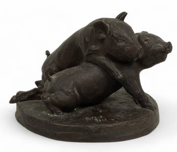 Grace Mott Johnson (American, 1882-1967) Bronze Sculpture, 1913, "Two Piglets", H 7.5" W 9.5" Depth: Grace Mott Johnson (American, 1882-1967) Bronze Sculpture, 1913, "Two Piglets", H 7.5" W 9.5" Depth 8" | Inscribed 'G.M.J. 1913' and 'Roman Bronze Works' to the base. Provenance: Christie, Manson & Wo