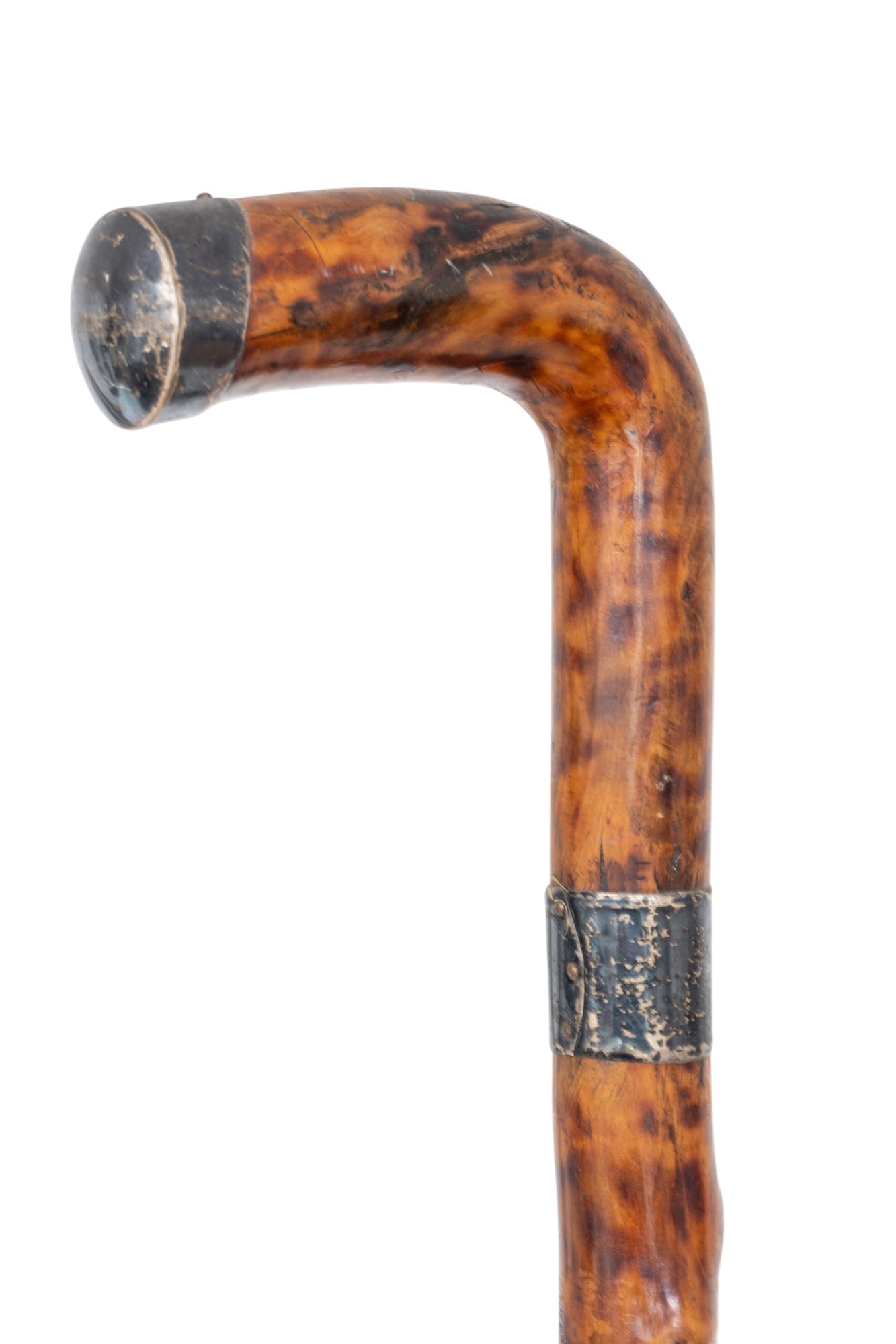 Silver Capped Burl Wood Cane, L 32": Silver Capped Burl Wood Cane, L 32" | the burled wood cane having a silver capped handle and shaft. Provenance: Property of a Grosse Pointe Park, MI private collector.