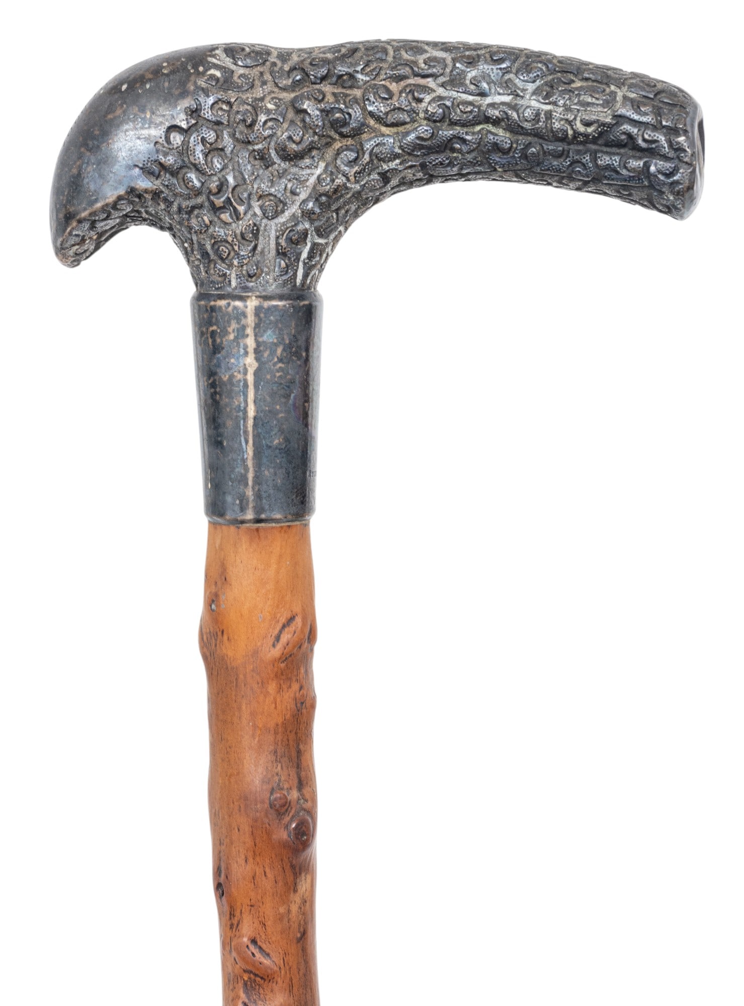 Silver Handled Burl Wood Cane, L 33.75" (1 of 6)