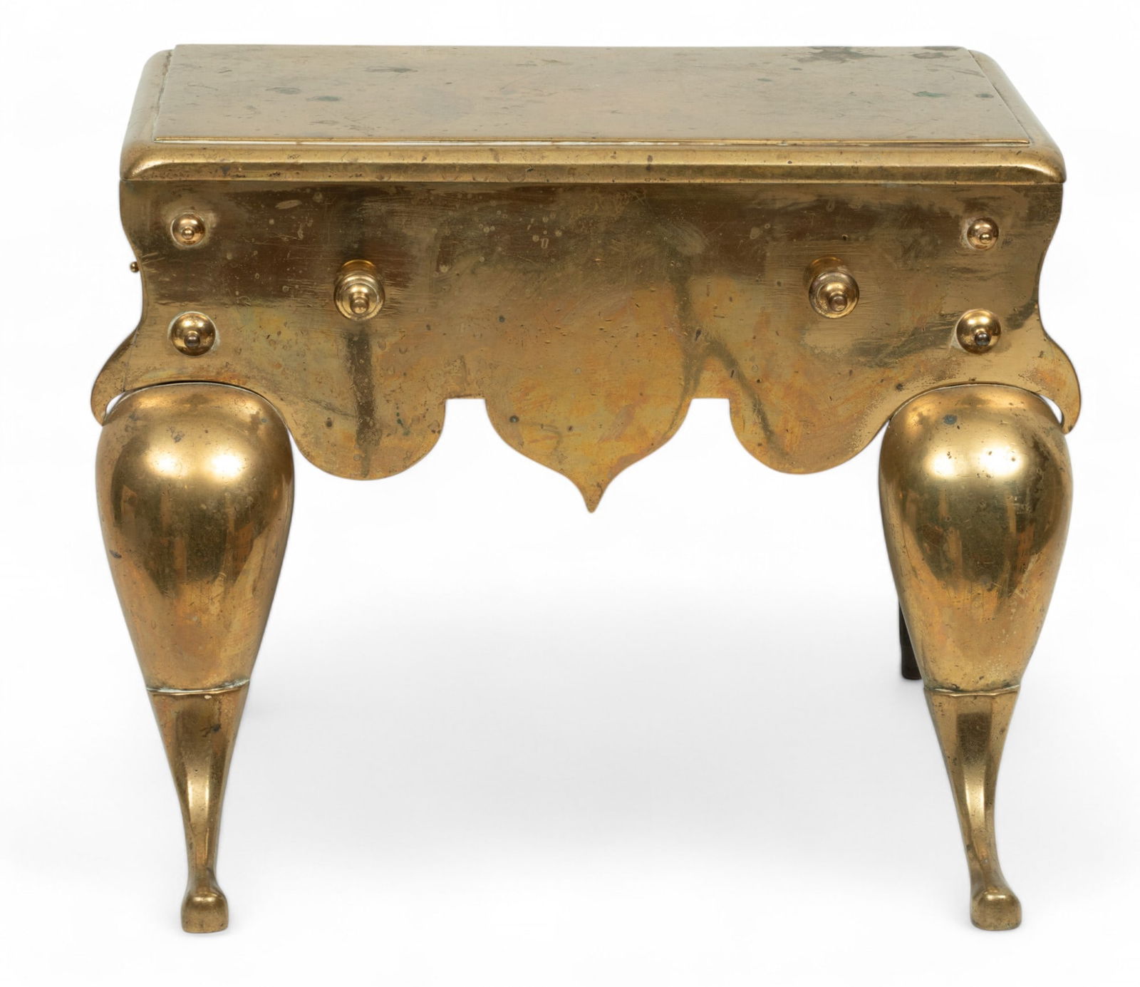 English Georgian Brass & Wrought Iron Fireplace Trivet, Ca. 1800, H 13" W 18" Depth 15": English Georgian Brass & Wrought Iron Fireplace Trivet, Ca. 1800, H 13" W 18" Depth 15" | with a beveled top and turned knobs to the front-facing side. Terminating on two front cabriole legs and two s