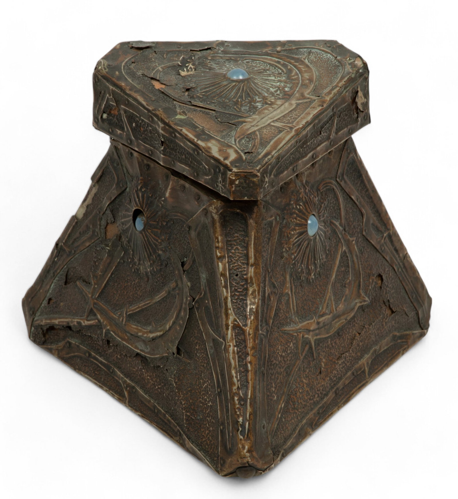 Art Nouveau Hammered Tin-Clad Ink Well Ca. Early 20th C., H 4.75" W 6" L 5.25": Art Nouveau Hammered Tin-Clad Ink Well Ca. Early 20th C., H 4.75" W 6" L 5.25" | Motif of scrolling thorny vines and flowers with glass jewel accents. Hinged lid opens to a space for an inkwell.
