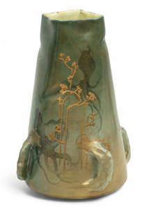 Clement Massier (French, 1845-17) Iridescent Glazed Ceramic Vase "Golfe", H 14" W 7.5" L 8": Clement Massier (French, 1845-17) Iridescent Glazed Ceramic Vase "Golfe", H 14" W 7.5" L 8" | Signed. Massier was a master ceramicist and creator of luster glazes.