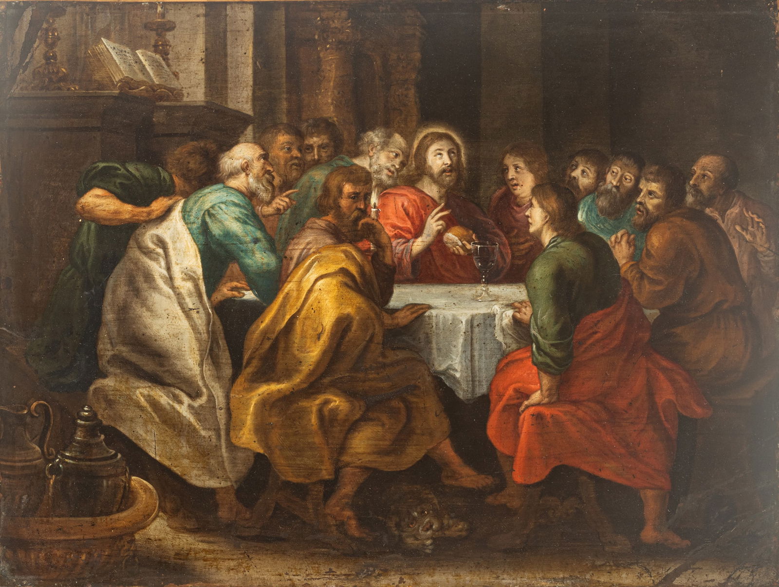 After Peter Paul Rubens Oil on Copper  18th.c., "Last Supper", H 15" W 20" (1 of 13)