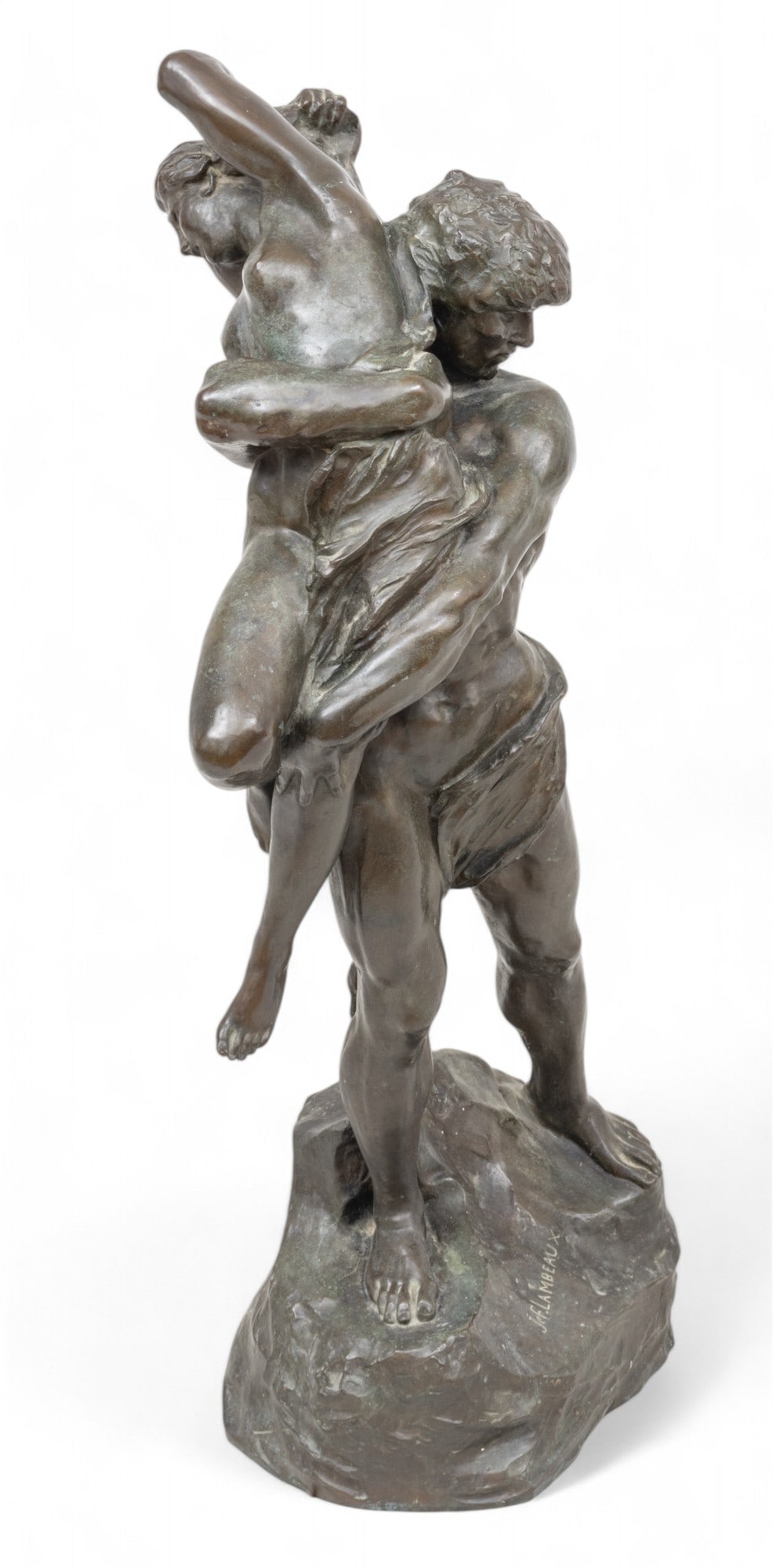 Jef Lambeaux (Belgian, 1852-1908) Bronze Sculpture Ca. 1880-1900, H 40" W 10" L 14.5": Jef Lambeaux (Belgian, 1852-1908) Bronze Sculpture Ca. 1880-1900, H 40" W 10" L 14.5" | J. Petermann Fondeur, Bruxelles foundry mark. Signed. Depicting two figures embracing. Signed. Provenance: Prope