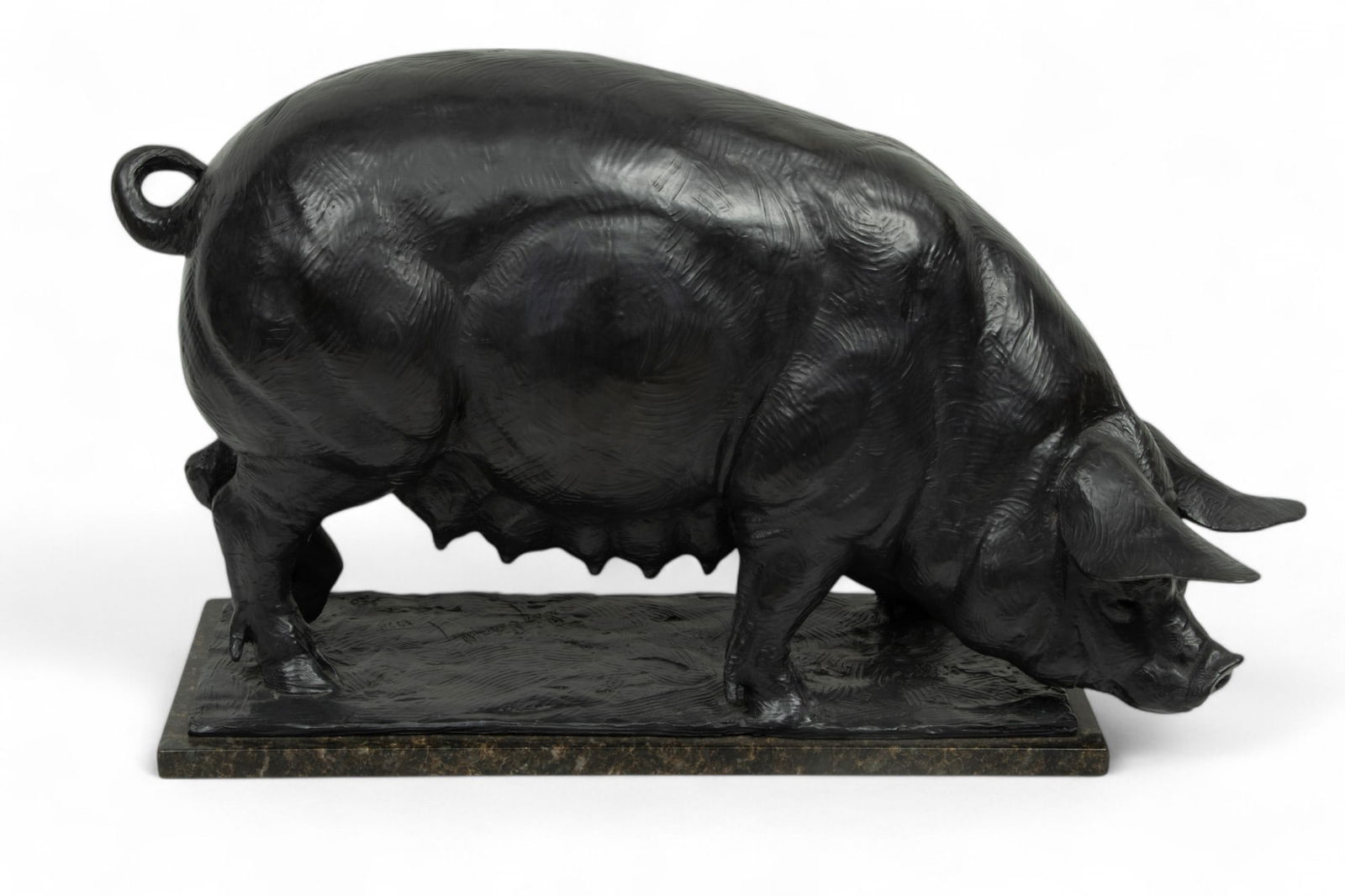 Dan Ostermiller (American, B. 1956) Bronze Pig Sculpture, #6/20 1998, "Bella", H 16" W 8.5" L 30": Dan Ostermiller (American, B. 1956) Bronze Pig Sculpture, #6/20 1998, "Bella", H 16" W 8.5" L 30" | Signed, dated, and edition number (6/20) to the base. Presented on marble plinth, measuring H 17" ov