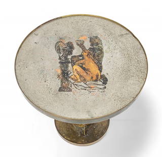 Philip And Kelvin Laverne (American) Après Picasso Etruscan Patinated Brass & Enameled Pewter: Philip And Kelvin Laverne (American) Après Picasso Etruscan Patinated Brass & Enameled Pewter Table, Ca. 1970, H 18" Dia. 18" | Signed 'PHILIP KELVIN LAVERNE' and 'APRES PICASSO' to the tabletop.