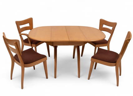Heywood-Wakefield Co. (American) Mid Century Modern Maple Wishbone Dining Table with Four Chairs, 5: Heywood-Wakefield Co. (American) Mid Century Modern Maple Wishbone Dining Table with Four Chairs, 5 pcs | the lot includes one 'Wishbone' dining table (H 29" X W 37.5" X D 67", with leaf inserted), on