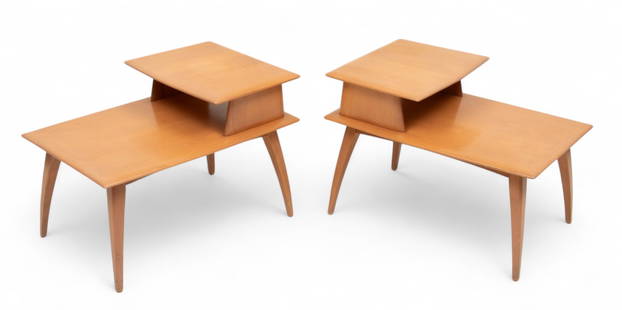 Heywood-Wakefield Co. (American) Mid Century Modern Maple Step-Up End Tables, H 21" W 19.5" Depth: Heywood-Wakefield Co. (American) Mid Century Modern Maple Step-Up End Tables, H 21" W 19.5" Depth 30" 1 Pair | the two-tiered end tables having rounded edges. Terminating on four tapering legs. Bearin