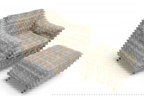 Heywood-Wakefield Co. (American) Mid Century Modern Upholstered Armchair & Ottoman, H 27" W 28": Heywood-Wakefield Co. (American) Mid Century Modern Upholstered Armchair & Ottoman, H 27" W 28" Depth 32" 2 pcs | the lot contains one armchair (H 27" X W 28" X D 32") and matching ottoman (H 14.5" X