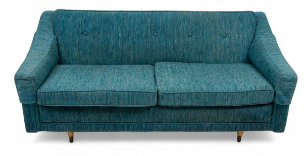 Heywood-Wakefield Co. (American) Mid Century Modern Upholstered Two-Seat Sofa, H 26" W 68" Depth 32": Heywood-Wakefield Co. (American) Mid Century Modern Upholstered Two-Seat Sofa, H 26" W 68" Depth 32" | the sofa offers a tufted back rest, sloping armrests with covers and two seats. Upholstered in bl