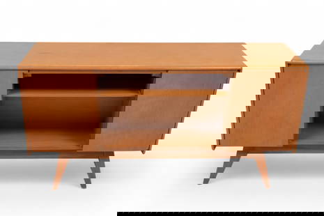 Heywood-Wakefield Co. (American) Mid Century Modern Maple Credenza, H 30" W 59.5" Depth 18": Heywood-Wakefield Co. (American) Mid Century Modern Maple Credenza, H 30" W 59.5" Depth 18" | the credenza having a rounded edge tabletop surface above central shelving, flanked by two cabinet doors.
